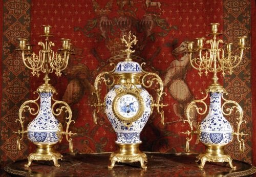 **** Sold **** Antique Delftware and Gilt Brass Clock Set.